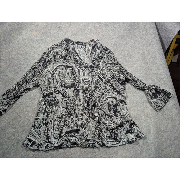 Notations 90s Flowy Ruffle 2X Tie Front Black Gray Patterned Floral Top w Tank - Picture 9 of 9